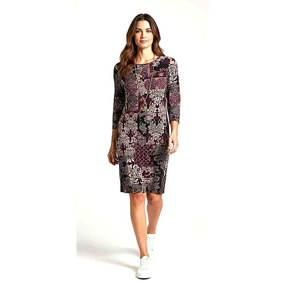 New Chico's Travelers Dress Size 1 (8/10) Burgundy Black Damask Floral 3/4 Slv - Picture 2 of 3